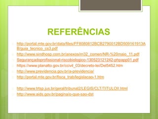 REFERÊNCIAS
 http://portal.mte.gov.br/data/files/FF8080812BCB2790012BD509161913A
B/guia_tecnico_cs3.pdf
 http://www.sindhosp.com.br/anexos/rn32_comen/NR-%20maio_11.pdf
 Segurançadoprofissional-riscobiologico-130523121242-phpapp01.pdf
 https://www.planalto.gov.br/ccivil_03/decreto-lei/Del5452.htm
 http://www.previdencia.gov.br/a-previdencia/
 http://portal.mte.gov.br/fisca_trab/legislacao-1.htm
 http://www.trtsp.jus.br/geral/tribunal2/LEGIS/CLT/TITULOII.html
 http://www.aids.gov.br/pagina/o-que-sao-dst
 