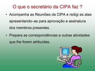 O que o secretário da CIPA faz ?
• Acompanha as Reuniões da CIPA e redigi as atas
apresentando–as para aprovação e assinatura
dos membros presentes.
• Prepara as correspondências e outras atividades
que lhe forem atribuídas.
 