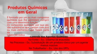 Produtos Químicos
em Geral
É formado por um ou mais compostos
químicos que lhe permitem cumprir
com uma determina função.
Os compostos químicos, por sua vez,
são substâncias que contam com dois
ou mais elementos que fazem parte
da
tabela periódica
Controle dos Agentes Químicos:
Na Fonte – Ex.: Sistema de exaustão;
No Processo – Ex.: Substituição de um produto tóxico por um agente
menos noscivo
No Trabalhador – Ex.: Uso dos EPI’s.
 