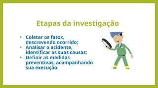Etapas da investigação
• Coletar os fatos,
descrevendo ocorrido;
• Analisar o acidente,
identificar as suas causas;
• Definir as medidas
preventivas, acompanhando
sua execução.
 
