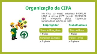 Organização da CIPA
No caso da nossa empresa PROFILM
LTDA a nossa CIPA gestão 2023/2024
será integrada pelos seguintes
funcionários indicados pelo:
Simone Rosa
• Titular
Paulo Torres
• Suplente
Simone Gonçalves
• Titular
Natanael Barbosa
• Suplente
Trabalhadores
Empregador
 