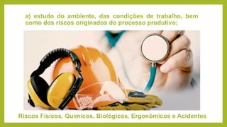 a) estudo do ambiente, das condições de trabalho, bem
como dos riscos originados do processo produtivo;
Riscos Físicos, Químicos, Biológicos, Ergonômicos e Acidentes
 