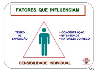 FATORES  QUE  INFLUENCIAM TEMPO DE EXPOSIÇÃO SENSIBILIDADE  INDIVIDUAL CONCENTRAÇÃO INTENSIDADE NATUREZA   DO RISCO C15 
