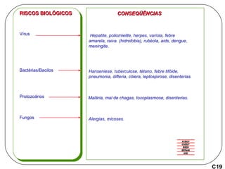 Vírus Bactérias/Bacilos Protozoários Fungos RISCOS BIOLÓGICOS CONSEQÜÊNCIAS Hepatite, poliomielite, herpes, varíola, febre amarela, raiva  (hidrofobia), rubéola, aids, dengue, meningite. Hanseniese, tuberculose, tétano, febre tifóide, pneumonia, difteria, cólera, leptospirose, disenterias. Malária, mal de chagas, toxoplasmose, disenterias. Alergias, micoses. C19 