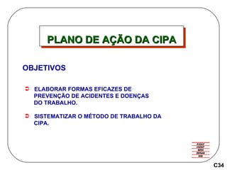 PLANO DE AÇÃO DA CIPA OBJETIVOS ELABORAR FORMAS EFICAZES DE  PREVENÇÃO DE ACIDENTES E DOENÇAS  DO TRABALHO. SISTEMATIZAR O MÉTODO DE TRABALHO DA  CIPA. C34 