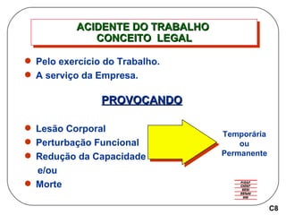 ACIDENTE DO TRABALHO  CONCEITO  LEGAL Pelo exercício do Trabalho. A serviço da Empresa. PROVOCANDO Lesão Corporal Perturbação Funcional Redução da Capacidade e/ou Morte Temporária ou Permanente C8 