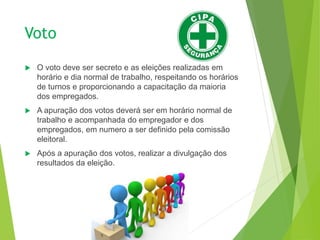 Voto
 O voto deve ser secreto e as eleições realizadas em
horário e dia normal de trabalho, respeitando os horários
de turnos e proporcionando a capacitação da maioria
dos empregados.
 A apuração dos votos deverá ser em horário normal de
trabalho e acompanhada do empregador e dos
empregados, em numero a ser definido pela comissão
eleitoral.
 Após a apuração dos votos, realizar a divulgação dos
resultados da eleição.
 