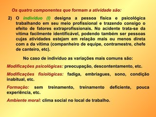 Os quatro componentes que formam a atividade são:  O  indivíduo (I)  designa a pessoa física e psicológica trabalhando em seu meio profissional e trazendo consigo o efeito de fatores extraprofissionais. No acidente trata-se da vítima facilmente identificável, podendo também ser pessoas cujas atividades estejam em relação mais ou menos direta com a da vítima (companheiro de equipe, contramestre, chefe de canteiro, etc). No caso de indivíduo as variações mais comuns são: Modificações psicológicas:  preocupação, descontentamento, etc. Modificações fisiológicas:   fadiga, embriagues, sono, condição inabitual, etc. Formação:   sem treinamento, treinamento deficiente, pouca experiência, etc. Ambiente moral:  clima social no local de trabalho. 