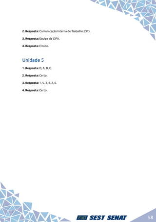 58
2. Resposta: Comunicação Interna de Trabalho (CIT).
3. Resposta: Equipe da CIPA.
4. Resposta: Errado.
Unidade 5
1. Resposta: D, A, B, C.
2. Resposta: Certo.
3. Resposta: 1, 5, 3, 4, 2, 6.
4. Resposta: Certo.
 