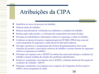 10
Atribuições da CIPA
Identificar os riscos do processo de trabalho;
Elaborar plano de trabalho;
Realizar periodicamente verificação nos ambientes e condições de trabalho;
Realizar após cada reunião, a verificação do cumprimento das metas fixadas;
Divulgar aos trabalhadores informações relativas à segurança e saúde no trabalho;
Colaborar no desenvolvimento e implementação do PCMSO, PPRA bem como de
outros programas de segurança e saúde desenvolvidos pela empresa;
Divulgar e promover o cumprimento das Normas Regulamentadoras, bem como
cláusulas de acordos e convenções coletivas de trabalho e normas internas de segurança
relativas à segurança no trabalho;
Participar em conjunto com o SESMT da análise das causas das doenças e acidentes do
trabalho e propor medidas de solução dos problemas identificados;
Promover, anualmente, em conjunto com o SESMT, a Semana Interna de Prevenção de
Acidentes do Trabalho - SIPAT;
Participar, anualmente, em conjunto com a empresa, de Campanhas de Prevenção à
AIDS e outros programas de saúde.
 