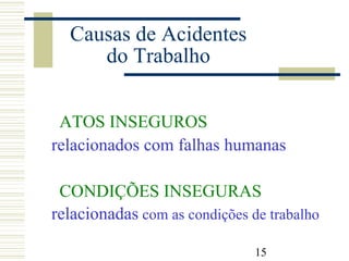 15
Causas de Acidentes
do Trabalho
ATOS INSEGUROS
relacionados com falhas humanas
CONDIÇÕES INSEGURAS
relacionadas com as condições de trabalho
 