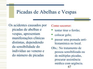 67
Picadas de Abelhas e Vespas
Os acidentes causados por
picadas de abelhas e
vespas, apresentam
manifestações clínicas
distintas, dependendo
da sensibilidade do
indivíduo ao veneno e
do número de picadas
Como socorrer:
 tentar tirar o ferrão;
 colocar gelo;
 passar uma pomada anti-
histamínica no local.
Obs.: No tratamento de
pessoa sensibilizada ou
de múltiplas picadas,
procurar assistência
médica com urgência.
 