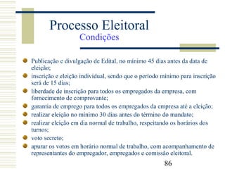 86
Publicação e divulgação de Edital, no mínimo 45 dias antes da data de
eleição;
inscrição e eleição individual, sendo que o período mínimo para inscrição
será de 15 dias;
liberdade de inscrição para todos os empregados da empresa, com
fornecimento de comprovante;
garantia de emprego para todos os empregados da empresa até a eleição;
realizar eleição no mínimo 30 dias antes do término do mandato;
realizar eleição em dia normal de trabalho, respeitando os horários dos
turnos;
voto secreto;
apurar os votos em horário normal de trabalho, com acompanhamento de
representantes do empregador, empregados e comissão eleitoral.
Processo Eleitoral
Condições
 