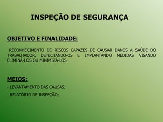 INSPEÇÃO DE SEGURANÇA
OBJETIVO E FINALIDADE:
RECONHECIMENTO DE RISCOS CAPAZES DE CAUSAR DANOS A SAÚDE DO
TRABALHADOR, DETECTANDO-OS E IMPLANTANDO MEDIDAS VISANDO
ELIMINÁ-LOS OU MINIMIZÁ-LOS.
MEIOS:
- LEVANTAMENTO DAS CAUSAS;
- RELATÓRIO DE INSPEÇÃO;
 