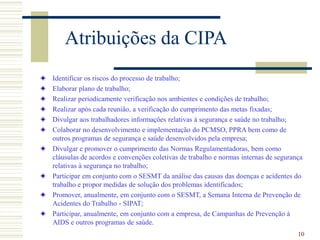10
Atribuições da CIPA
Identificar os riscos do processo de trabalho;
Elaborar plano de trabalho;
Realizar periodicamente verificação nos ambientes e condições de trabalho;
Realizar após cada reunião, a verificação do cumprimento das metas fixadas;
Divulgar aos trabalhadores informações relativas à segurança e saúde no trabalho;
Colaborar no desenvolvimento e implementação do PCMSO, PPRA bem como de
outros programas de segurança e saúde desenvolvidos pela empresa;
Divulgar e promover o cumprimento das Normas Regulamentadoras, bem como
cláusulas de acordos e convenções coletivas de trabalho e normas internas de segurança
relativas à segurança no trabalho;
Participar em conjunto com o SESMT da análise das causas das doenças e acidentes do
trabalho e propor medidas de solução dos problemas identificados;
Promover, anualmente, em conjunto com o SESMT, a Semana Interna de Prevenção de
Acidentes do Trabalho - SIPAT;
Participar, anualmente, em conjunto com a empresa, de Campanhas de Prevenção à
AIDS e outros programas de saúde.
 