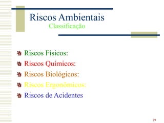 29
Riscos Ambientais
Classificação
Riscos Físicos:
Riscos Químicos:
Riscos Biológicos:
Riscos Ergonômicos:
Riscos de Acidentes
 