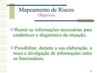 32
Mapeamento de Riscos
Objetivos
Reunir as informações necessárias para
estabelecer o diagnóstico da situação;
Possibilitar, durante a sua elaboração, a
troca e divulgação de informações entre
os funcionários.
 