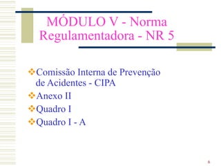 6
MÓDULO V - Norma
Regulamentadora - NR 5
Comissão Interna de Prevenção
de Acidentes - CIPA
Anexo II
Quadro I
Quadro I - A
 