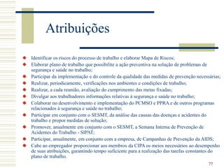 77
Atribuições
Identificar os riscos do processo de trabalho e elaborar Mapa de Riscos;
Elaborar plano de trabalho que possibilite a ação preventiva na solução de problemas de
segurança e saúde no trabalho;
Participar da implementação e do controle da qualidade das medidas de prevenção necessárias;
Realizar, periodicamente, verificações nos ambientes e condições de trabalho;
Realizar, a cada reunião, avaliação do cumprimento das metas fixadas;
Divulgar aos trabalhadores informações relativas à segurança e saúde no trabalho;
Colaborar no desenvolvimento e implementação do PCMSO e PPRA e de outros programas
relacionados à segurança e saúde no trabalho;
Participar em conjunto com o SESMT, da análise das causas das doenças e acidentes do
trabalho e propor medidas de solução;
Promover, anualmente em conjunto com o SESMT, a Semana Interna de Prevenção de
Acidentes do Trabalho - SIPAT;
Participar, anualmente, em conjunto com a empresa, de Campanhas de Prevenção da AIDS;
Cabe ao empregador proporcionar aos membros da CIPA os meios necessários ao desempenho
de suas atribuições, garantindo tempo suficiente para a realização das tarefas constantes do
plano de trabalho.
 