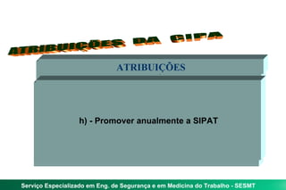 ATRIBUIÇÕES  DA  CIPA a) - Identificar os riscos dos processos de trabalho, e elaborar mapa de riscos  ATRIBUIÇÕES b) - elaborar plano de trabalho - ação preventiva  ATRIBUIÇÕES c) - Participar da implementação e do controle da qualidade das medidas de prevenção  ATRIBUIÇÕES d) - realizar periodicamente inspeções e a cada reunião avaliar o cumprimento do plano de trabalho ATRIBUIÇÕES e) - divulgar aos trabalhadores informações relativas à segurança e saúde do trabalhador  ATRIBUIÇÕES f) - Colaborar no desenvolvimento e implementação do PPRA e PCMSO e outros programas de segurança ATRIBUIÇÕES g) - Participar da análise das causas das doenças e acidentes do trabalho e propor medidas corretivas e preventivas  ATRIBUIÇÕES h) - Promover anualmente a SIPAT ATRIBUIÇÕES 