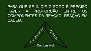 PARA QUE SE INICIE O FOGO É PRECISO
HAVER A PROPORÇÃO ENTRE OS
COMPONENTES DA REAÇÃO. REAÇÃO EM
CADEIA.
Combustível
 