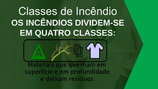Classes de Incêndio
OS INCÊNDIOS DIVIDEM-SE
EM QUATRO CLASSES:
 