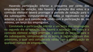Havendo participação inferior a cinquenta por cento dos
empregados na votação, não haverá a apuração dos votos e a
comissão eleitoral deverá prorrogar o período de votação para o
dia subsequente, computando-se os votos já registrados no dia
anterior, a qual será considerada válida com a participação de, no
mínimo, um terço dos empregados.
Constatada a participação inferior a um terço dos empregados
no segundo dia de votação, não haverá a apuração dos votos e a
comissão eleitoral deverá prorrogar o período de votação para o
dia subsequente, computando-se os votos já registrados nos dias
anteriores, a qual será considerada válida com a participação de
qualquer número de empregados.
 