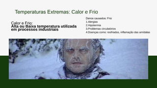 Calor e Frio:
Alta ou Baixa temperatura utilizada
em processos industriais
Danos causados: Frio
1.Alergias
2.Hipotermia
3.Problemas circulatórios
4.Doenças como: resfriados, inflamação das amídalas
Temperaturas Extremas: Calor e Frio
 