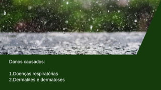 Danos causados:
1.Doenças respiratórias
2.Dermatites e dermatoses
 