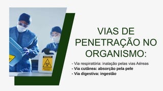 VIAS DE
PENETRAÇÃO NO
ORGANISMO:
- Via respiratória: inalação pelas vias Aéreas
- Via cutânea: absorção pela pele
- Via digestiva: ingestão
 