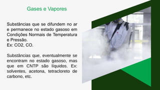 Substâncias que se difundem no ar
e permanece no estado gasoso em
Condições Normais de Temperatura
e Pressão.
Ex: CO2, CO.
Substâncias que, eventualmente se
encontram no estado gasoso, mas
que em CNTP são líquidos. Ex:
solventes, acetona, tetracloreto de
carbono, etc.
Gases e Vapores
 