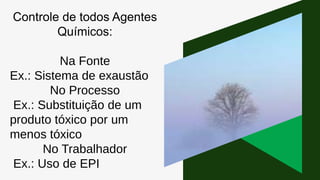 Controle de todos Agentes
Químicos:
Na Fonte
Ex.: Sistema de exaustão
No Processo
Ex.: Substituição de um
produto tóxico por um
menos tóxico
No Trabalhador
Ex.: Uso de EPI
 