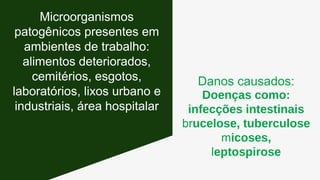 Danos causados:
Doenças como:
infecções intestinais
brucelose, tuberculose
micoses,
leptospirose
Microorganismos
patogênicos presentes em
ambientes de trabalho:
alimentos deteriorados,
cemitérios, esgotos,
laboratórios, lixos urbano e
industriais, área hospitalar
 