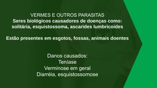 VERMES E OUTROS PARASITAS
Seres biológicos causadores de doenças como:
solitária, esquistossoma, ascarides lumbricoides
Estão presentes em esgotos, fossas, animais doentes
Danos causados:
Teníase
Verminose em geral
Diarréia, esquistossomose
 