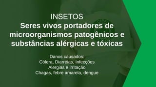 INSETOS
Seres vivos portadores de
microorganismos patogênicos e
substâncias alérgicas e tóxicas
Danos causados:
Cólera, Diarréias, Infecções
Alergias e irritação
Chagas, febre amarela, dengue
 