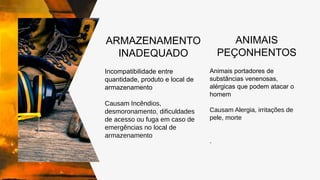 ARMAZENAMENTO
INADEQUADO
Incompatibilidade entre
quantidade, produto e local de
armazenamento
Causam Incêndios,
desmoronamento, dificuldades
de acesso ou fuga em caso de
emergências no local de
armazenamento
ANIMAIS
PEÇONHENTOS
Animais portadores de
substâncias venenosas,
alérgicas que podem atacar o
homem
Causam Alergia, irritações de
pele, morte
.
 