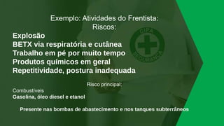 Exemplo: Atividades do Frentista:
Riscos:
Explosão
BETX via respiratória e cutânea
Trabalho em pé por muito tempo
Produtos químicos em geral
Repetitividade, postura inadequada
Risco principal:
Combustíveis
Gasolina, óleo diesel e etanol
Presente nas bombas de abastecimento e nos tanques subterrâneos
 