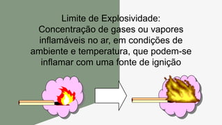 Limite de Explosividade:
Concentração de gases ou vapores
inflamáveis no ar, em condições de
ambiente e temperatura, que podem-se
inflamar com uma fonte de ignição
 
