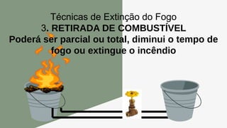 Técnicas de Extinção do Fogo
3. RETIRADA DE COMBUSTÍVEL
Poderá ser parcial ou total, diminui o tempo de
fogo ou extingue o incêndio
 