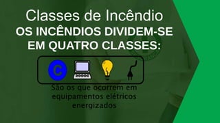 Classes de Incêndio
OS INCÊNDIOS DIVIDEM-SE
EM QUATRO CLASSES:
 