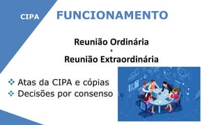 CIPA FUNCIONAMENTO
Reunião Ordinária
x
Reunião Extraordinária
 Atas da CIPA e cópias
 Decisões por consenso
 