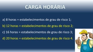 a) 8 horas = estabelecimentos de grau de risco 1;
b) 12 horas = estabelecimentos de grau de risco 2;
c) 16 horas = estabelecimentos de grau de risco 3;
d) 20 horas = estabelecimentos de grau de risco 4.
 