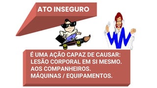 ATO INSEGURO
É UMA AÇÃO CAPAZ DE CAUSAR:
LESÃO CORPORAL EM SI MESMO.
AOS COMPANHEIROS.
MÁQUINAS / EQUIPAMENTOS.
 