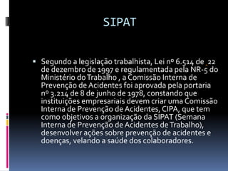 SIPAT
 Segundo a legislação trabalhista, Lei nº 6.514 de 22
de dezembro de 1997 e regulamentada pela NR-5 do
Ministério doTrabalho , a Comissão Interna de
Prevenção de Acidentes foi aprovada pela portaria
nº 3.214 de 8 de junho de 1978, constando que
instituições empresariais devem criar uma Comissão
Interna de Prevenção deAcidentes, CIPA, que tem
como objetivos a organização da SIPAT (Semana
Interna de Prevenção deAcidentes deTrabalho),
desenvolver ações sobre prevenção de acidentes e
doenças, velando a saúde dos colaboradores.
 