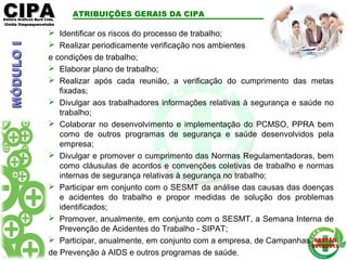 CIPACIPAEditora Gráficos Burti Ltda.Editora Gráficos Burti Ltda.
Unida ItaquaquecetubaUnida Itaquaquecetuba
GESTÃOGESTÃO
2012/20132012/2013
ATRIBUIÇÕES GERAIS DA CIPA
 Identificar os riscos do processo de trabalho;
 Realizar periodicamente verificação nos ambientes
e condições de trabalho;
 Elaborar plano de trabalho;
 Realizar após cada reunião, a verificação do cumprimento das metas
fixadas;
 Divulgar aos trabalhadores informações relativas à segurança e saúde no
trabalho;
 Colaborar no desenvolvimento e implementação do PCMSO, PPRA bem
como de outros programas de segurança e saúde desenvolvidos pela
empresa;
 Divulgar e promover o cumprimento das Normas Regulamentadoras, bem
como cláusulas de acordos e convenções coletivas de trabalho e normas
internas de segurança relativas à segurança no trabalho;
 Participar em conjunto com o SESMT da análise das causas das doenças
e acidentes do trabalho e propor medidas de solução dos problemas
identificados;
 Promover, anualmente, em conjunto com o SESMT, a Semana Interna de
Prevenção de Acidentes do Trabalho - SIPAT;
 Participar, anualmente, em conjunto com a empresa, de Campanhas
de Prevenção à AIDS e outros programas de saúde.
MÓDULOIMÓDULOI
 