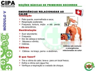 CIPACIPAEditora Gráficos Burti Ltda.Editora Gráficos Burti Ltda.
Unida ItaquaquecetubaUnida Itaquaquecetuba
GESTÃOGESTÃO
2012/20132012/2013
EMERGÊNCIAS RELACIONADAS AOEMERGÊNCIAS RELACIONADAS AO
CALORCALOR
Insolação
 Pele quente, avermelhada e seca;
 Respiração acelerada;
 Fraqueza, tontura, enjôo e até perda
de consciência.
O que fazer?
 Tire a vítima do calor, leve-a para um local fresco;
 Esfrie a vítima com água fria;
 Verifique a respiração e o estado de choque.
Desidratação
 Suor adundante;
 Fraqueza;
 Dor de cabeça e tontura;
 Náusea e vômito;
 Cãibras.
Cãibras
 Cãibras no braço, perna e abdômen.
Cãibras são comuns
e emergências
relacionadas ao calor
NOÇÕES BÁSICAS DE PRIMEIROS SOCORROSMÓDULOVMÓDULOV
 