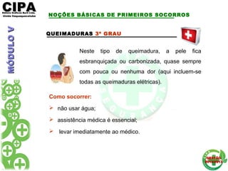 CIPACIPAEditora Gráficos Burti Ltda.Editora Gráficos Burti Ltda.
Unida ItaquaquecetubaUnida Itaquaquecetuba
GESTÃOGESTÃO
2012/20132012/2013
QUEIMADURAS 3º GRAU
Neste tipo de queimadura, a pele fica
esbranquiçada ou carbonizada, quase sempre
com pouca ou nenhuma dor (aqui incluem-se
todas as queimaduras elétricas).
Como socorrer:
 não usar água;
 assistência médica é essencial;
 levar imediatamente ao médico.
NOÇÕES BÁSICAS DE PRIMEIROS SOCORROS
MÓDULOVMÓDULOV
 