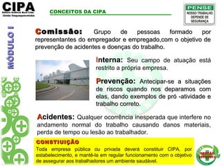 CIPACIPAEditora Gráficos Burti Ltda.Editora Gráficos Burti Ltda.
Unida ItaquaquecetubaUnida Itaquaquecetuba
GESTÃOGESTÃO
2012/20132012/2013
CComissão:omissão: Grupo de pessoas formado porGrupo de pessoas formado por
representantes do empregador e empregado,com o objetivo derepresentantes do empregador e empregado,com o objetivo de
prevenção de acidentes e doenças do trabalho.prevenção de acidentes e doenças do trabalho.
CONCEITOS DA CIPA
Interna: Seu campo de atuação está
restrito a própria empresa.
PPrevenção:revenção: Antecipar-se a situaçõesAntecipar-se a situações
de riscos quando nos deparamos comde riscos quando nos deparamos com
elas, dando exemplos de pró -atividade eelas, dando exemplos de pró -atividade e
trabalho correto.trabalho correto.
AAcidentes:cidentes: Qualquer ocorrência inesperada que interfere no
andamento normal do trabalho causando danos materiais,
perda de tempo ou lesão ao trabalhador.
MÓDULOIMÓDULOI
CONSTIUIÇÃOCONSTIUIÇÃO
Toda empresa pública ou privada deverá constituir CIPA, por
estabelecimento, e mantê-la em regular funcionamento com o objetivo
de assegurar aos trabalhadores um ambiente saudável.
 