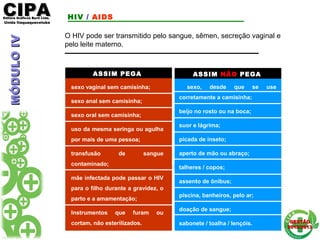 CIPACIPAEditora Gráficos Burti Ltda.Editora Gráficos Burti Ltda.
Unida ItaquaquecetubaUnida Itaquaquecetuba
GESTÃOGESTÃO
2012/20132012/2013
ASSIM PEGA ASSIM NÃO PEGA
sexo vaginal sem camisinha;
sexo anal sem camisinha;
sexo oral sem camisinha;
uso da mesma seringa ou agulha
por mais de uma pessoa;
transfusão de sangue
contaminado;
mãe infectada pode passar o HIV
para o filho durante a gravidez, o
parto e a amamentação;
Instrumentos que furam ou
cortam, não esterilizados.
sexo, desde que se use
corretamente a camisinha;
beijo no rosto ou na boca;
suor e lágrima;
picada de inseto;
aperto de mão ou abraço;
talheres / copos;
assento de ônibus;
piscina, banheiros, pelo ar;
doação de sangue;
sabonete / toalha / lençóis.
O HIV pode ser transmitido pelo sangue, sêmen, secreção vaginal e
pelo leite materno.
HIV / AIDSMÓDULOIVMÓDULOIV
 