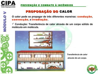 CIPACIPAEditora Gráficos Burti Ltda.Editora Gráficos Burti Ltda.
Unida ItaquaquecetubaUnida Itaquaquecetuba
GESTÃOGESTÃO
2012/20132012/2013
MÓDULOVMÓDULOV PREVENÇÃO E COMBATE À INCÊNDIOS
PROPOGAÇÃO DOPROPOGAÇÃO DO CALORCALOR
O calor pode se propagar de três diferentes maneiras: condução,
convecção, e irradiação.
 Condução: Transferência de calor através de um corpo sólido de
molécula em molécula.
Transferência de calor
através de um corpo.
 